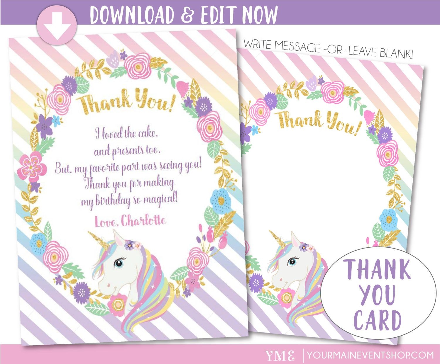 Unicorn Thank You Card Printable Card Template
