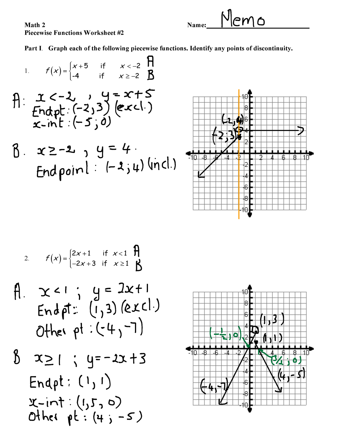UNIT 8 Worksheet 2 Memo Math 2 Name Piecewise Functions