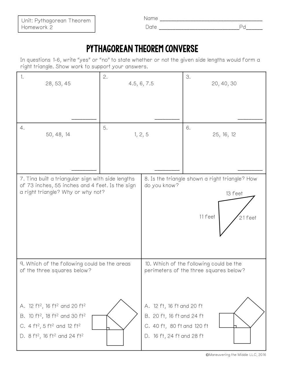 converse of pythagorean theorem worksheet
