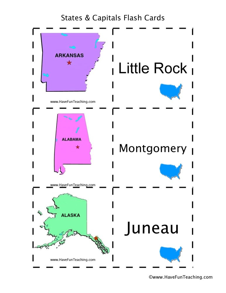 us states and capitals flash cards printable