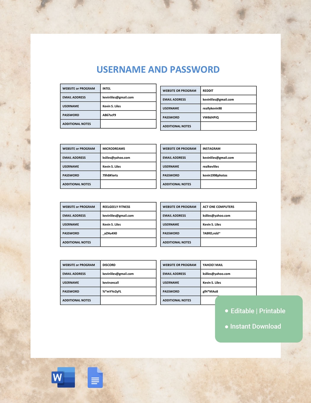 Username And Password Template In Word Google Docs Download 