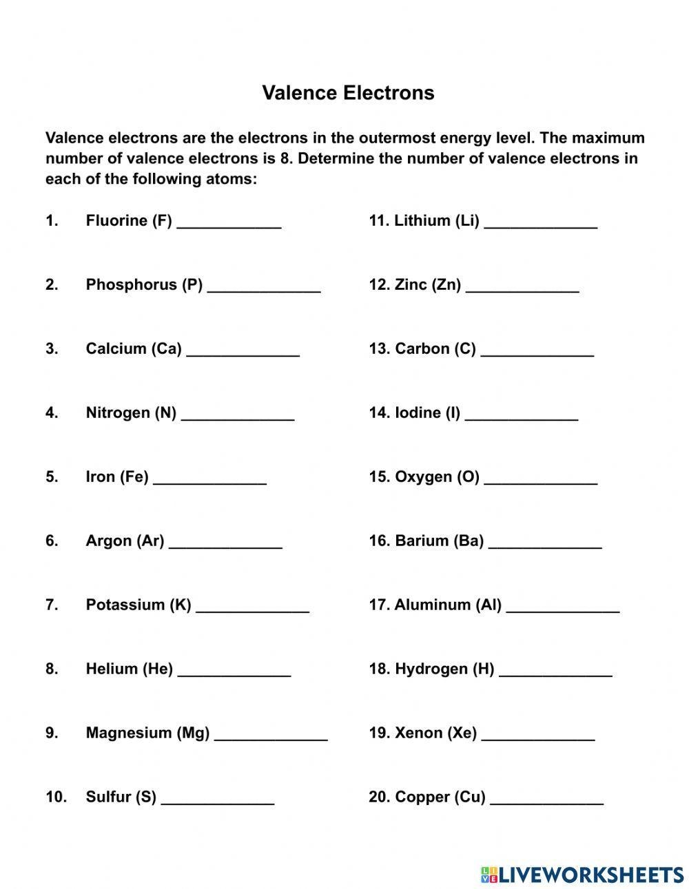 Valence Electrons And The Periodic Table Chemistry Homework Worksheet 