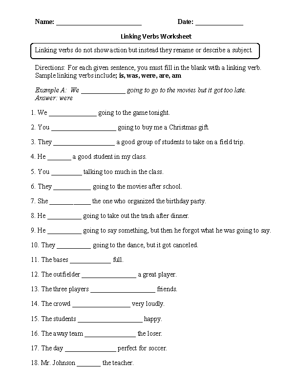 verbs and linking verbs worksheets