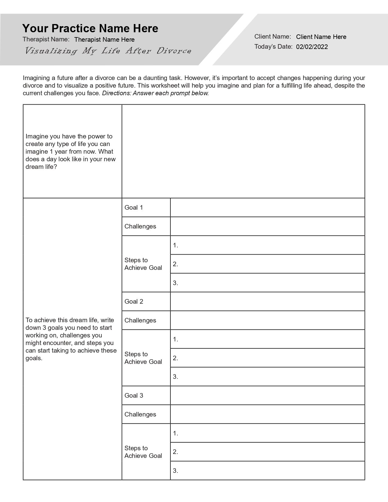 Visualizing My Life After Divorce Worksheet PDF Dialectical 