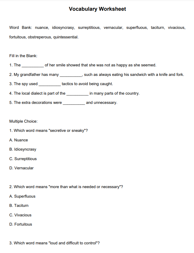 vocabulary worksheet generator