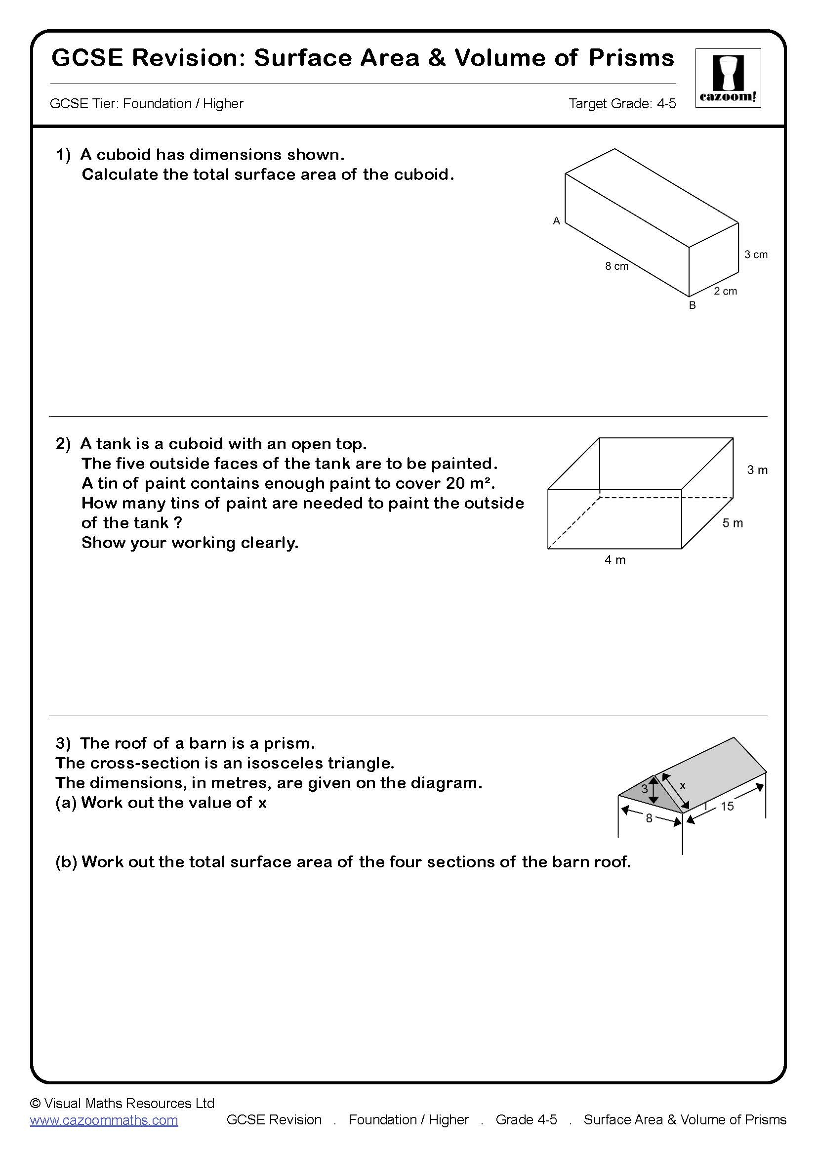 worksheet surface area and volume