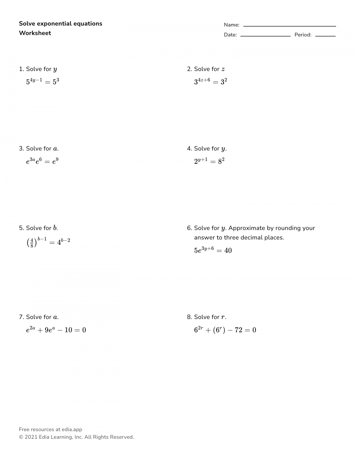 exponential equations worksheet