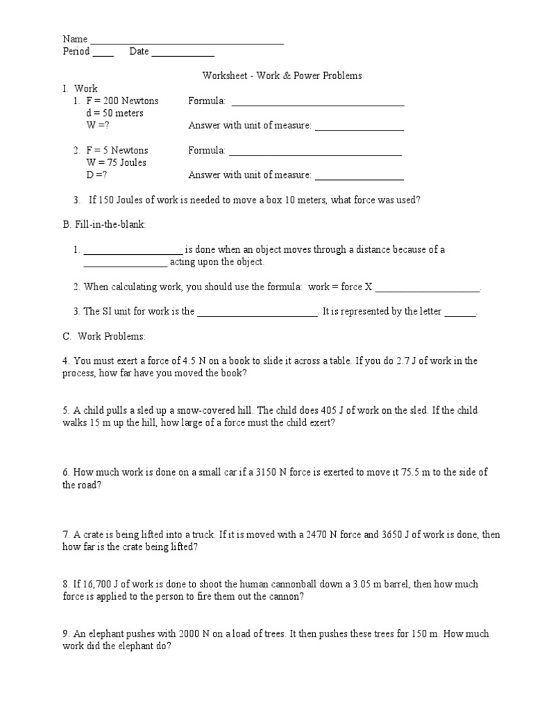 Worksheet Work And Power Problems PDF Force Physical
