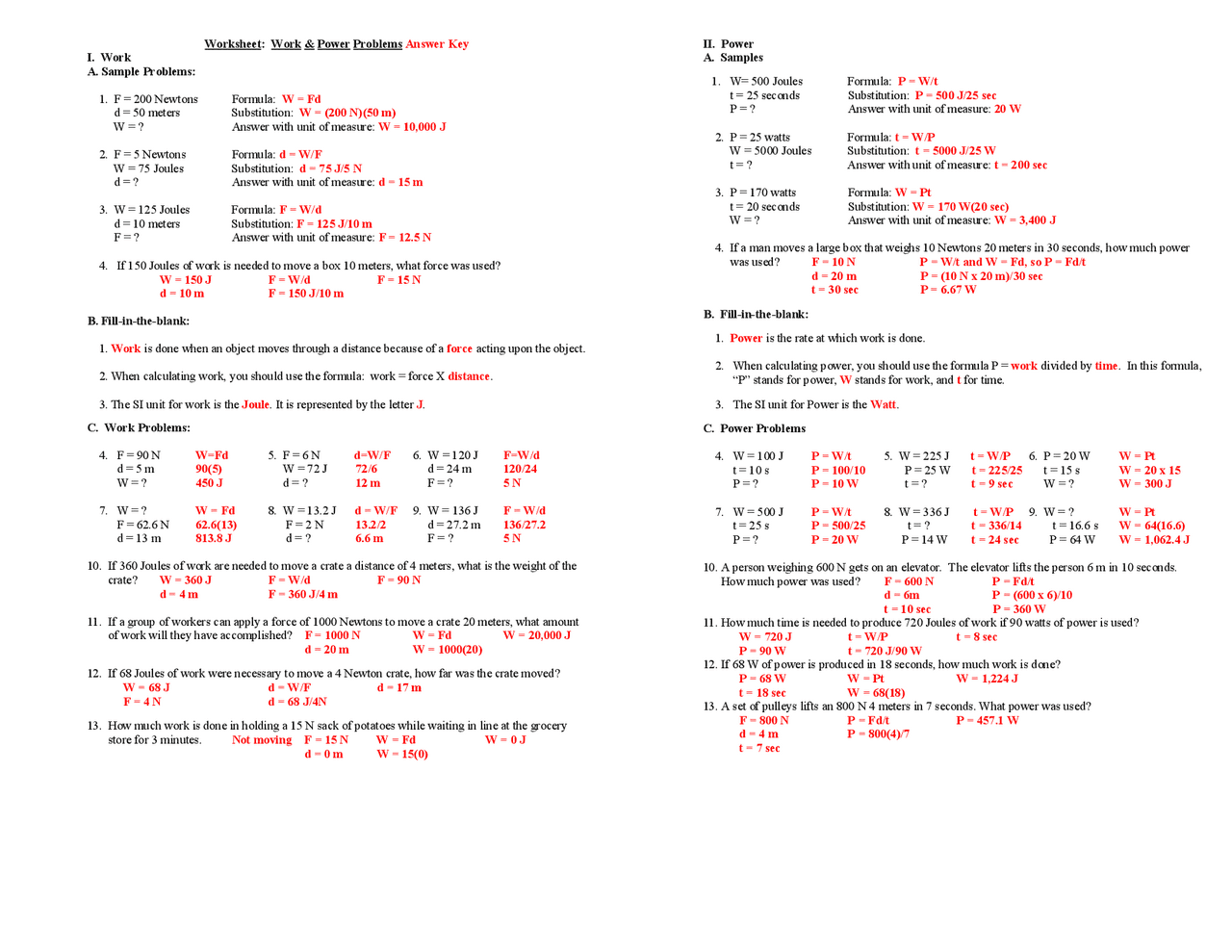worksheet work and power problems
