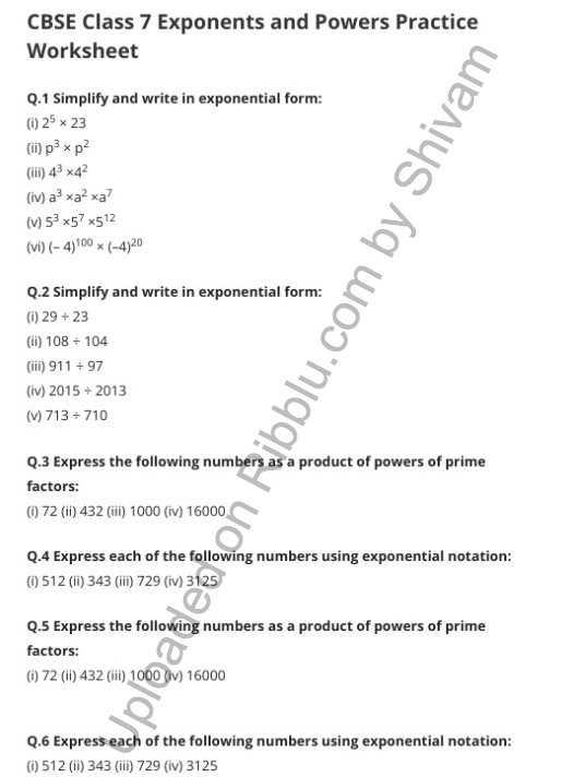 Worksheets For Class 7 Exponents And Powers Chapter 13 