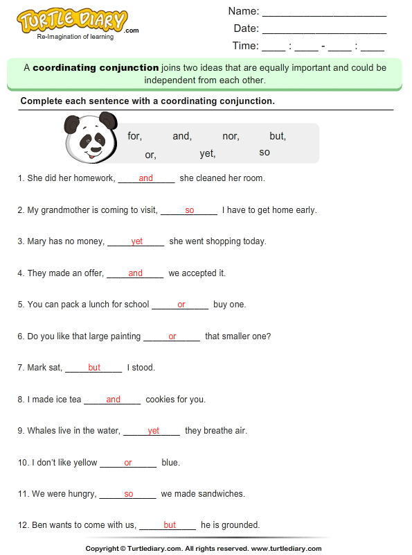 coordinating conjunction worksheet