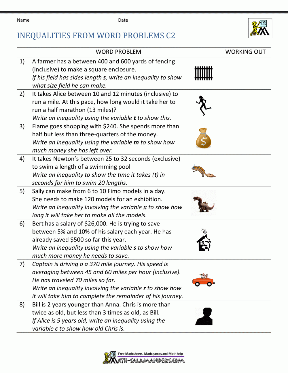 Writing Inequalities From Word Problems Worksheets Library