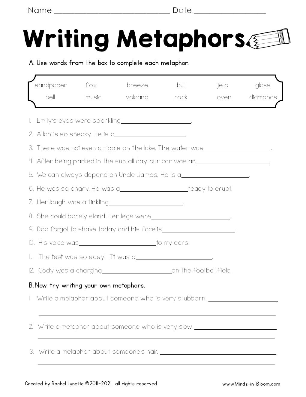 Writing Metaphors Minds In Bloom Unlimited Worksheets Library