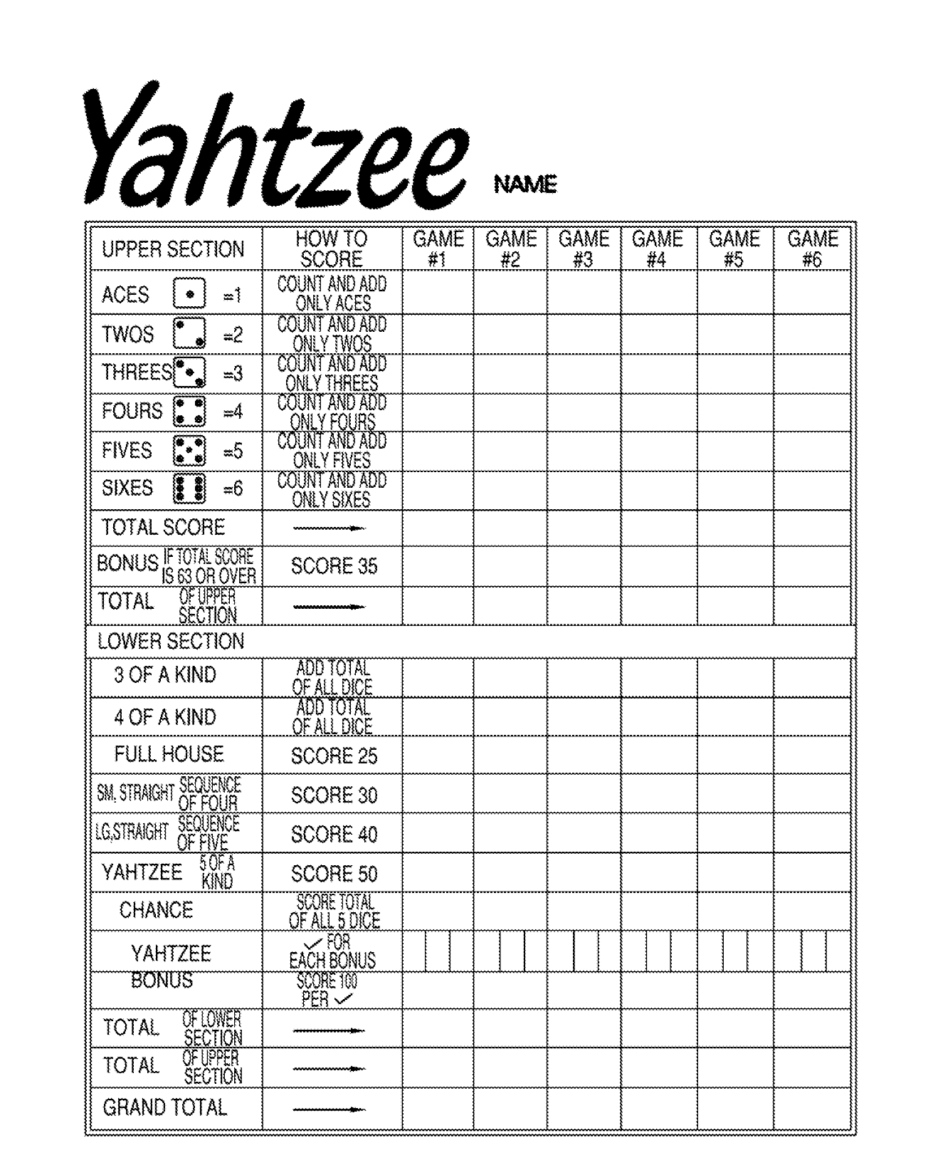yahtzee card printable free