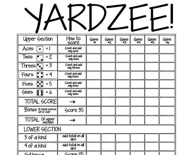yardzee free printable score card