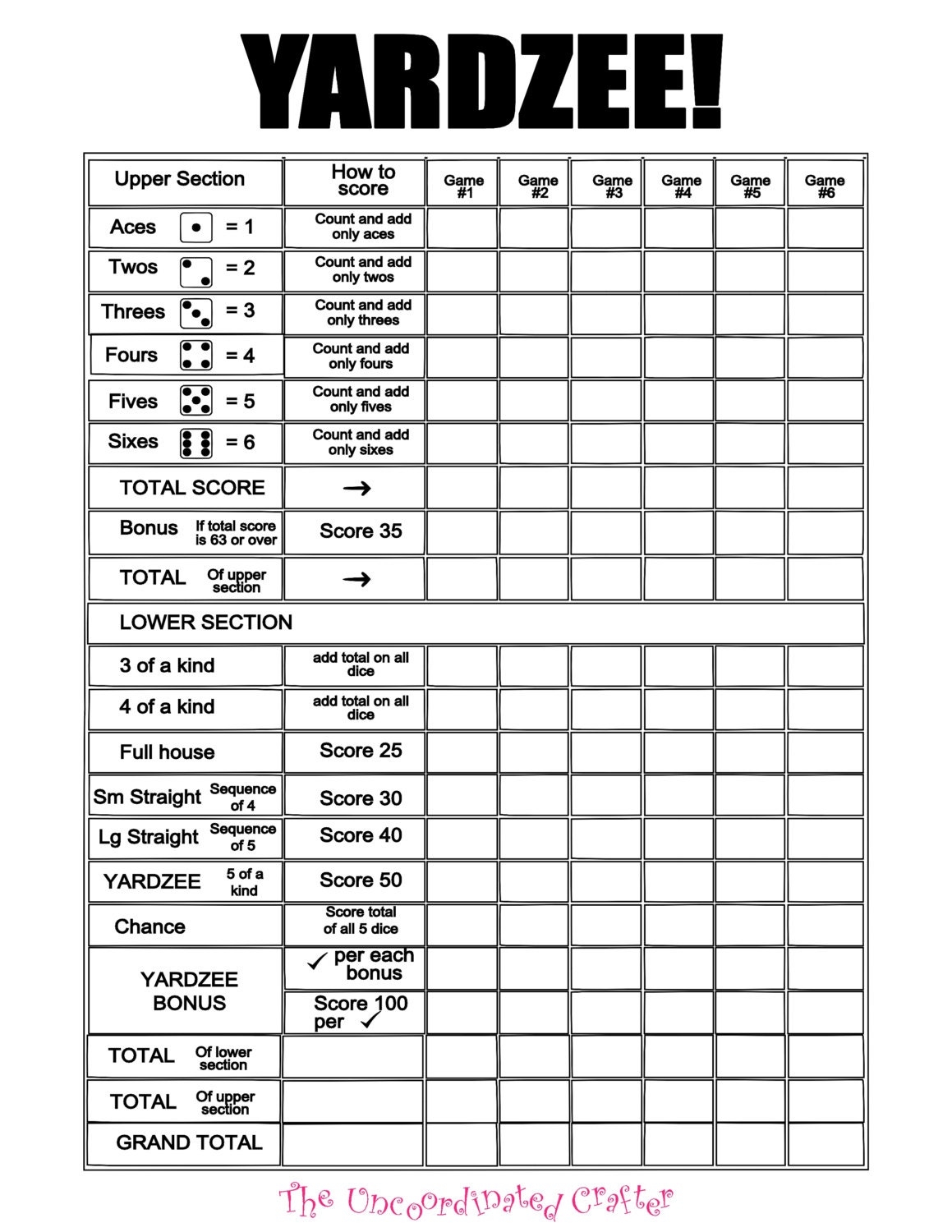 Yardzee Score Card Printable