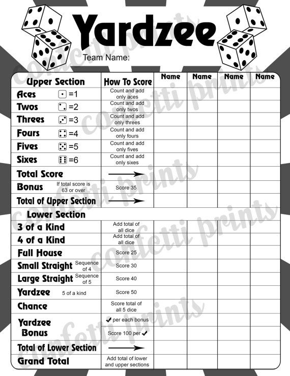 Yardzee Score Card Printable