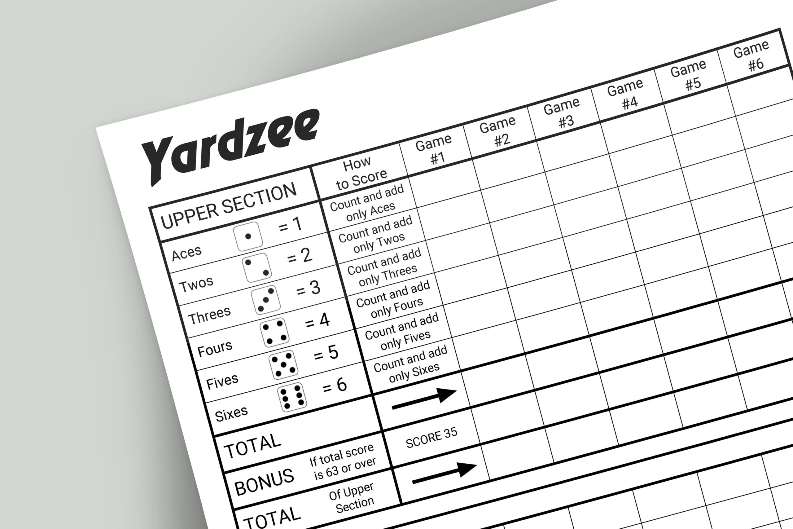 yardzee printable score card